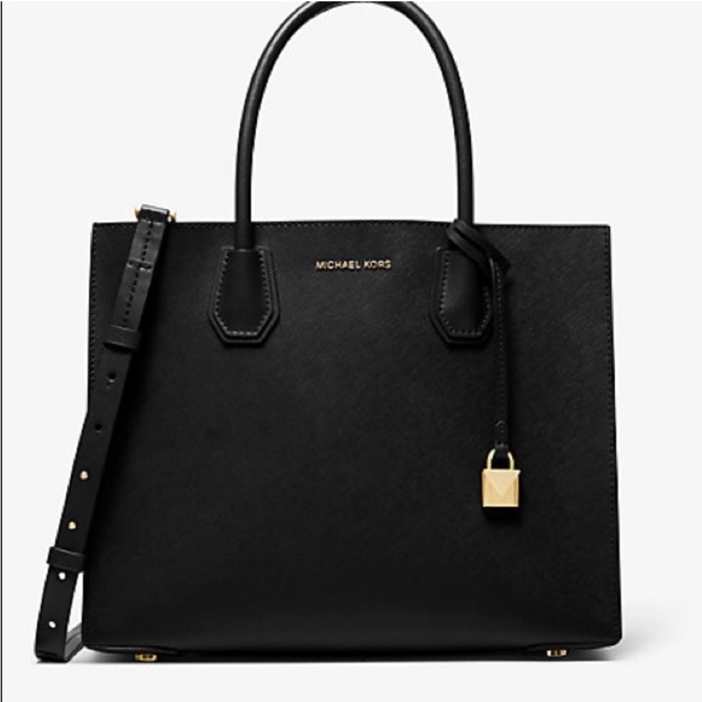 Michael Kors Large Black Mercer Leather Tote with Gold Accents